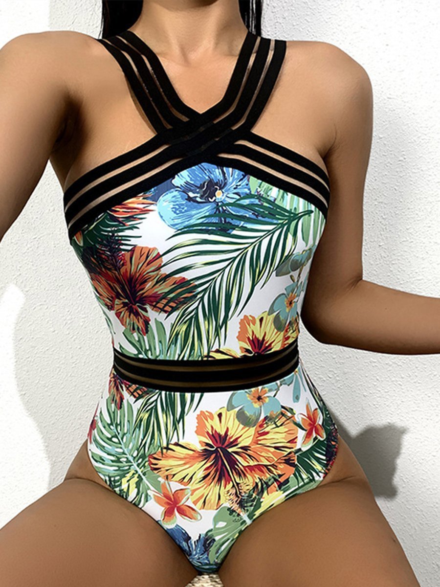 Sheer Stripe Print One Piece Swimsuit