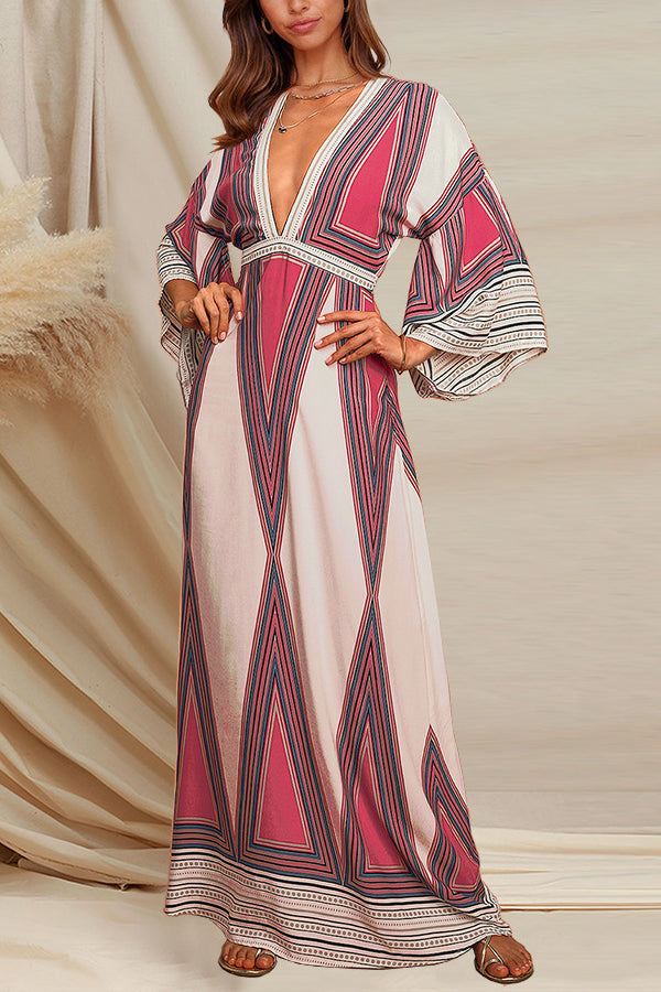 Deep V Neck Indian Print Long Skirt