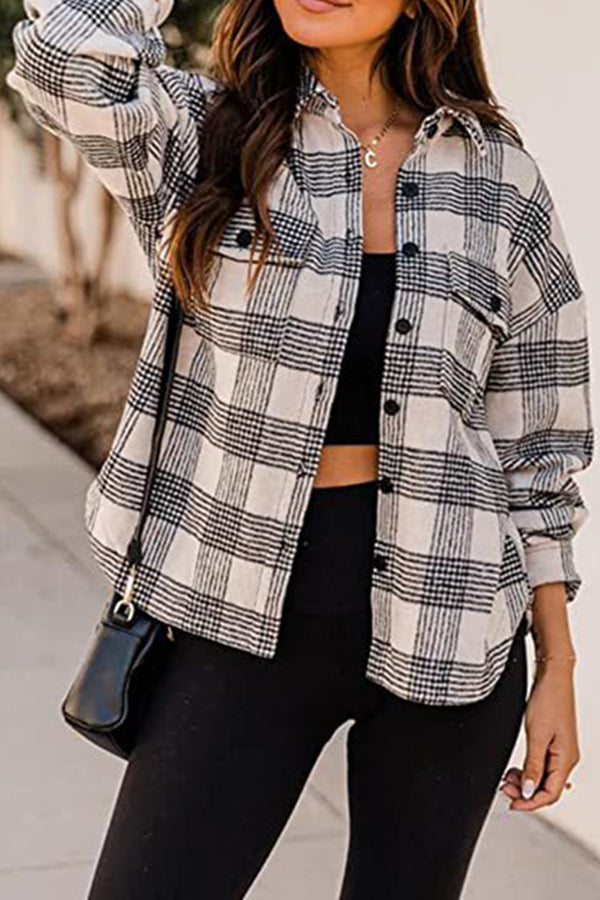 Plaid Buckle Turndown Collar Tops