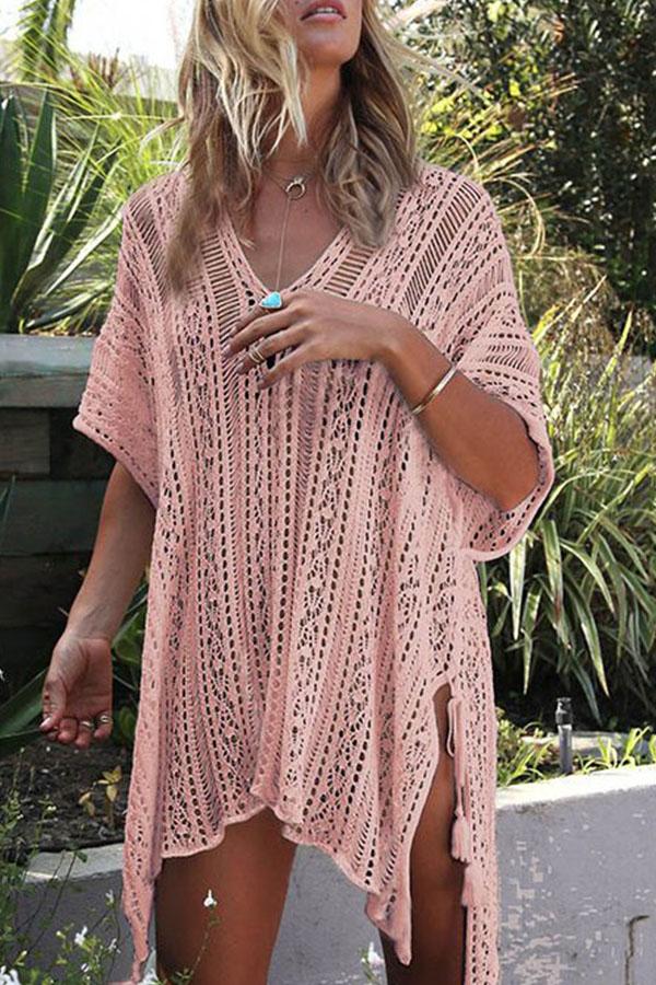 Loose Hollow Vacation Half Sleeve V Neck Beach Cover-Ups