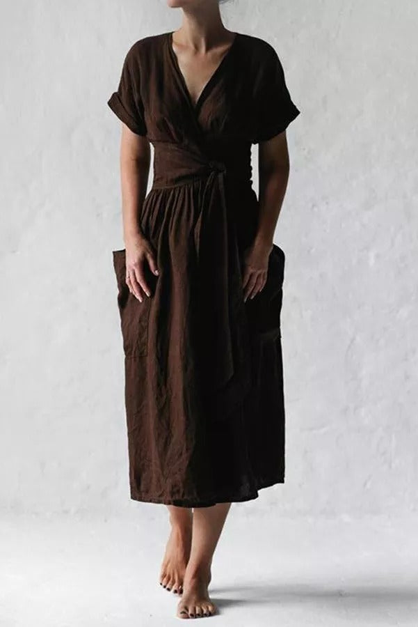 Forever Yours Belt High Waist Cotton- Linen Dress