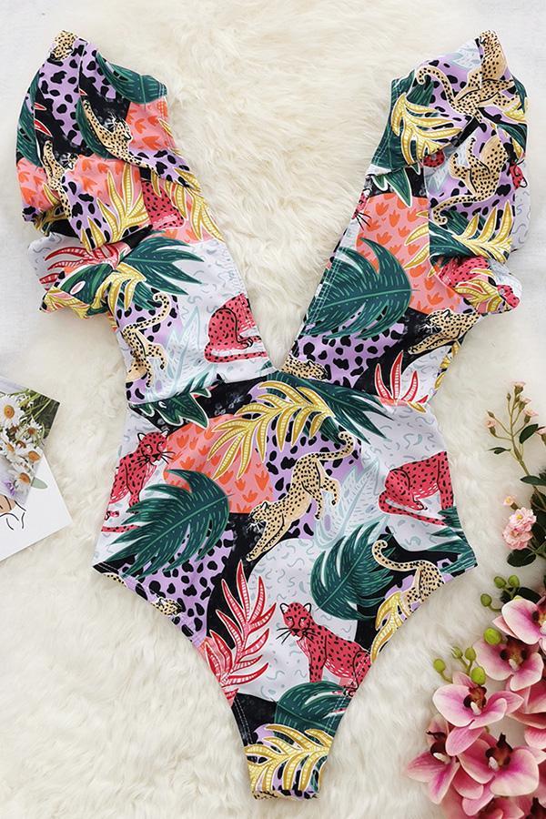Leopard Print Deep V Open Back High Waist Swimsuit