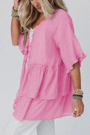 Ruffled Trim Short Sleeve Open Front Kimono