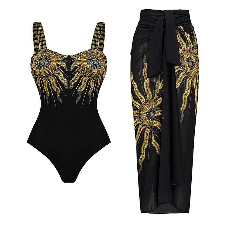 swimgirls – Einteiliger Badeanzug und Sarong mit Sling-Print 