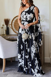 Slay The Evening Pleated Floral Pattern One Shoulder Drape Maxi Dress