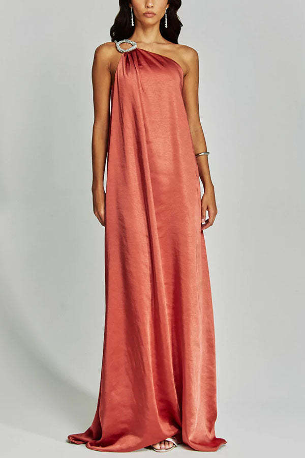 Charming Glance Satin Metal Hardware One Shoulder Loose Maxi Dress