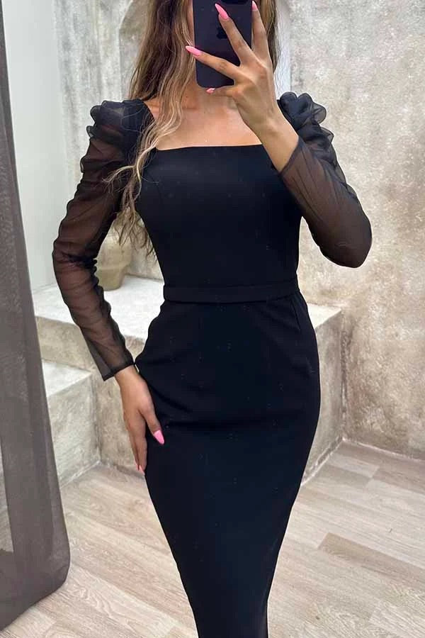 Composed Charm – Formales Midikleid mit Netzärmeln und quadratischem Ausschnitt 