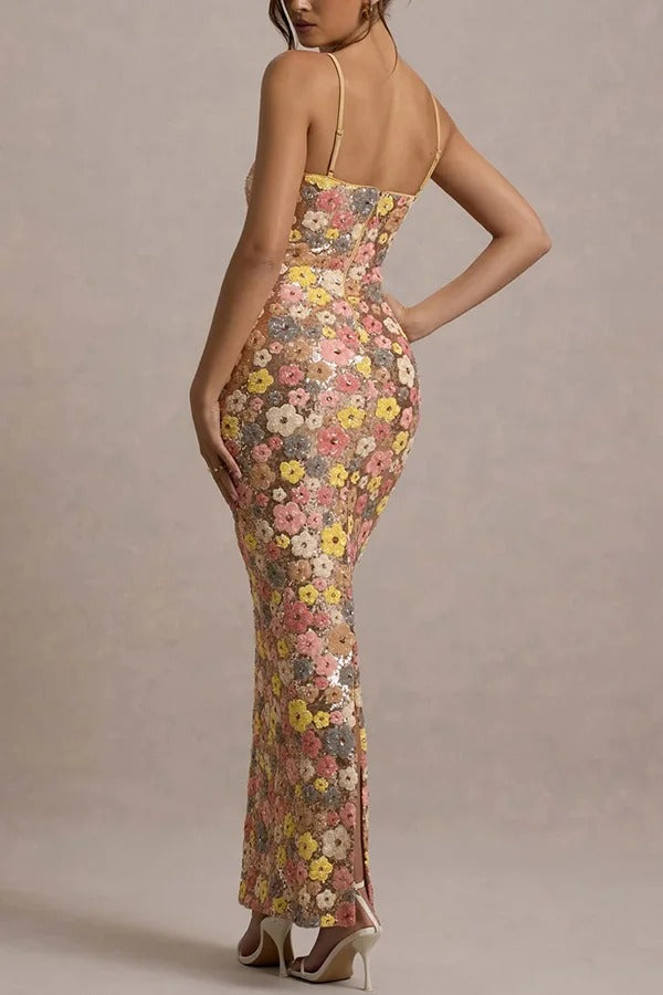 Robe longue extensible à imprimé floral et sequins, col carré, inspirée des années 80