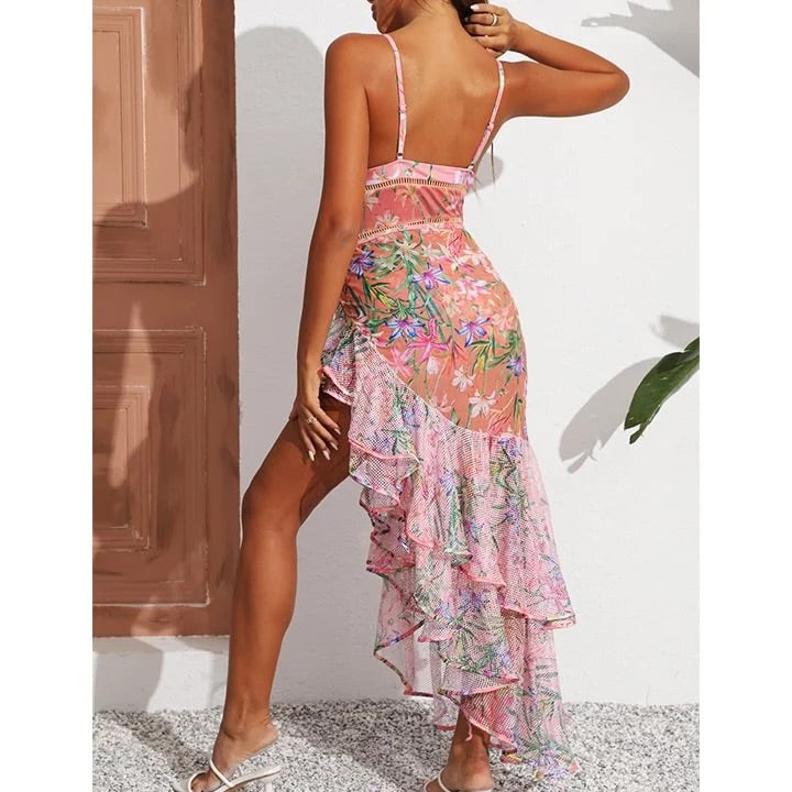 swimgirls Einteiliger Badeanzug mit V-Ausschnitt und Blumenmuster und Sarong aus Netzstoff 