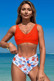 V-neck color-blocked two-piece swimsuit