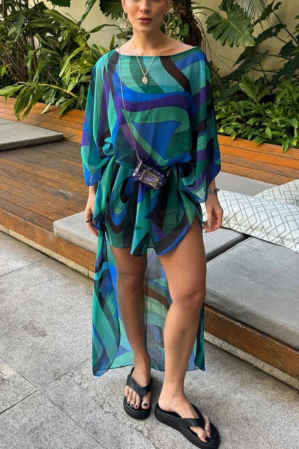 Tamia Sheer Unique Print High Low Hem Loose Kaftan Maxi Dress