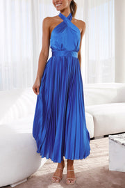 Beaming Smile Satin Halter Neck Pleated Midi Dress