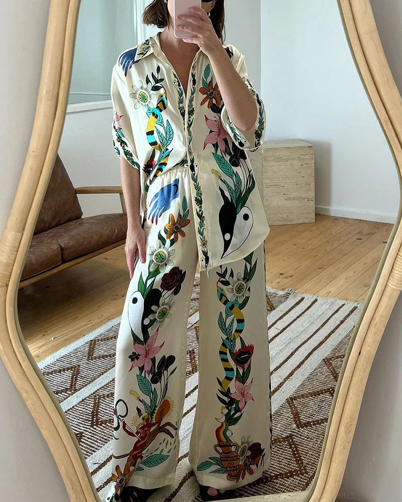 Flower jungle print casual two-piece set