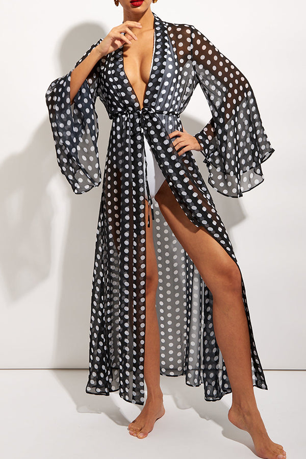 POLKA DOT Bell-sleeved chiffon beach blouse maxi dress