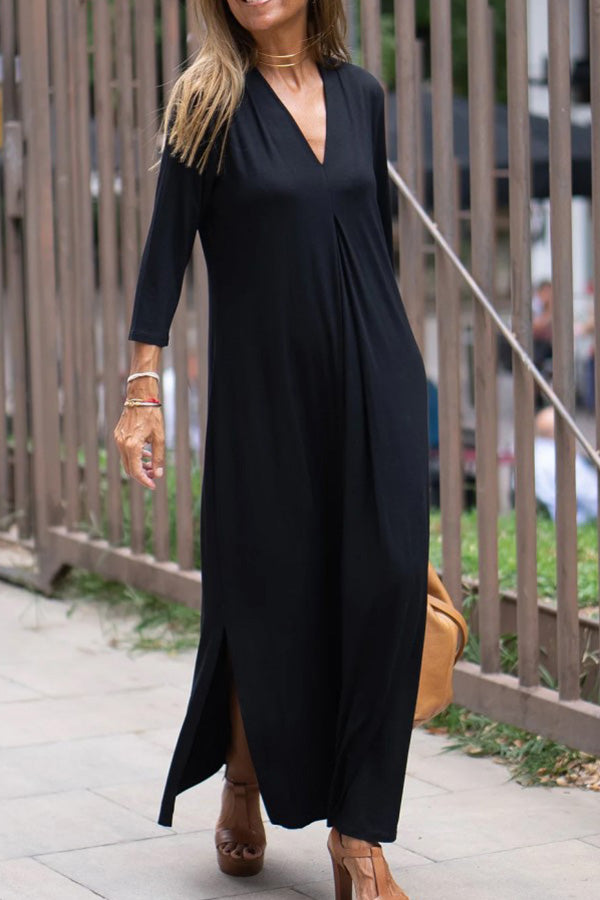 Robe longue fendue en tricot à manches trois-quarts et col en V de couleur unie