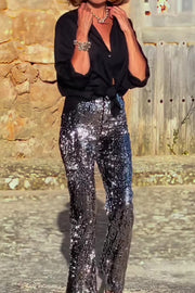 Pursue Shine Sequin High Rise Elastic Waist Flare Pants