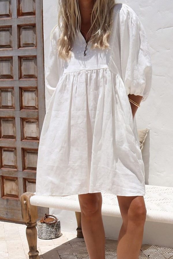 Fashion Loose V Neck Puff Sleeve Cotton Linen Dress