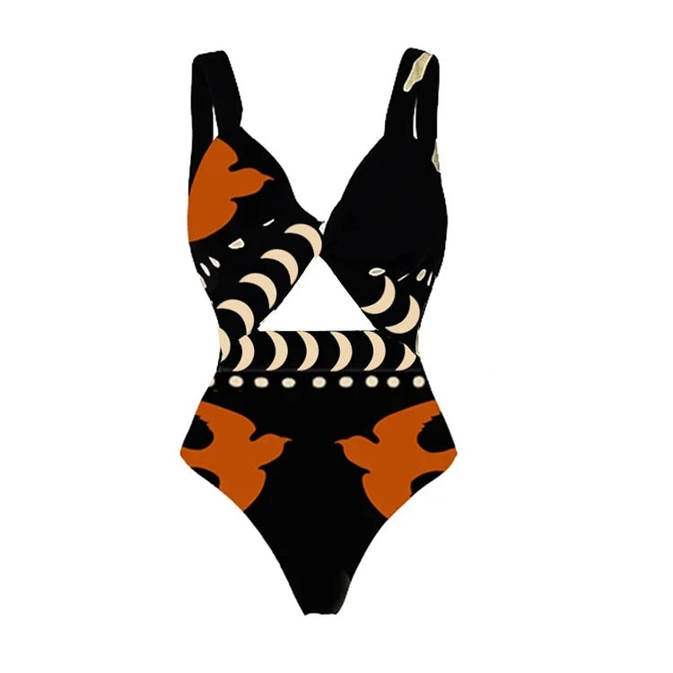Maillot de bain une pièce imprimé à découpes et col en V avec jupe 