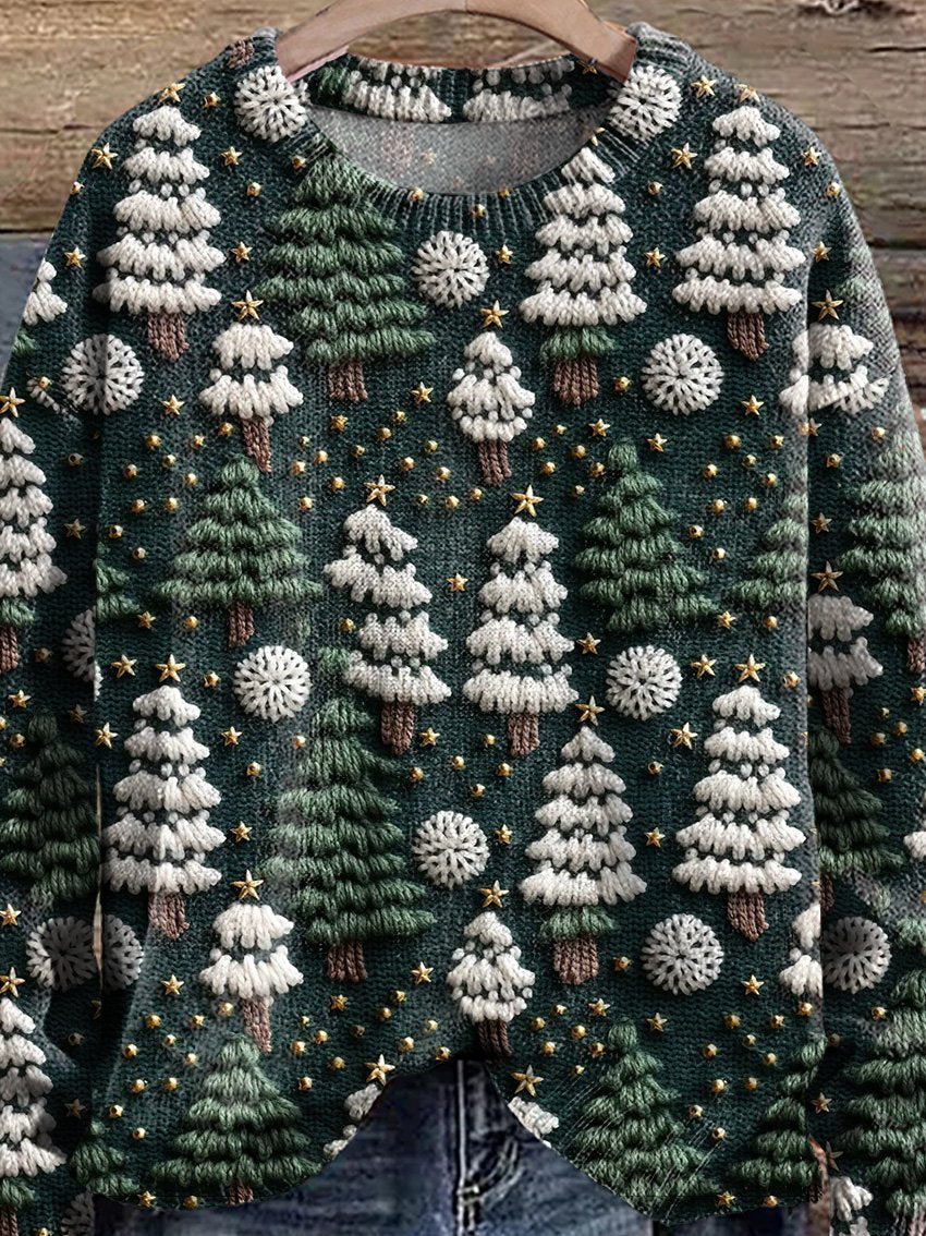 Vintage Christmas Tree Print Knit Pullover Sweater
