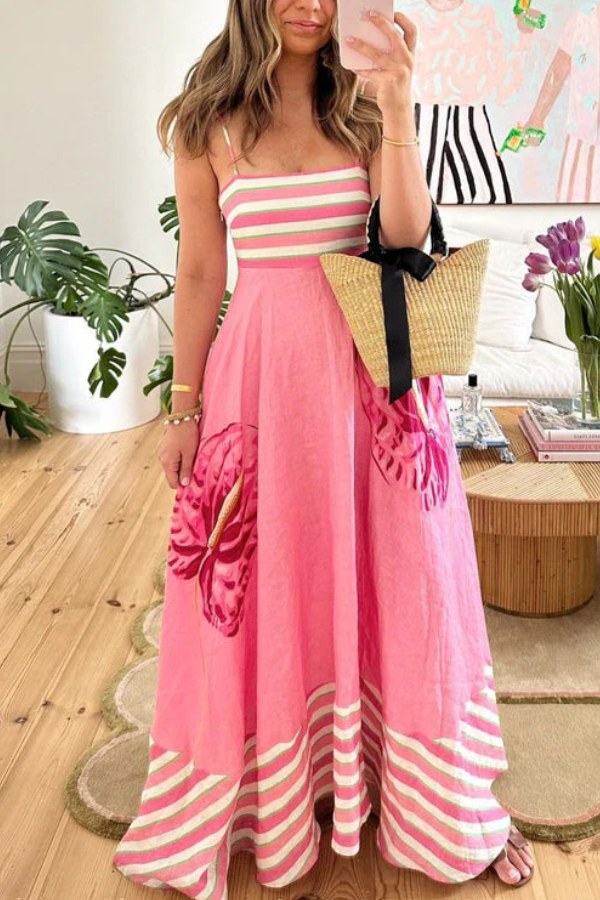 Robe longue trapèze à rayures et imprimé floral dos nu