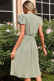 Green Pleated V-Neck Dress