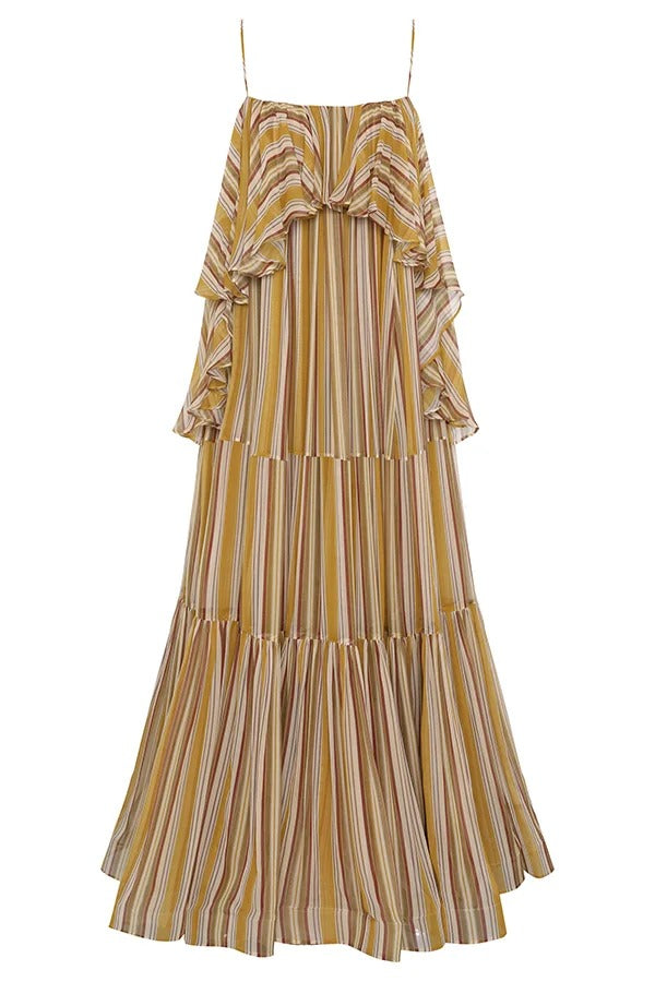 Eternal Joyful Chiffon Striped Print Ruffle Slip A-line Maxi Dress