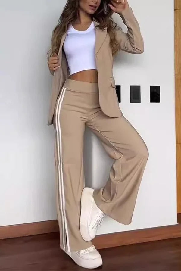 Sporty Mixed Formal Striped Trim Lapel Blazer and Elastic Waist Pocket Loose Pants Set