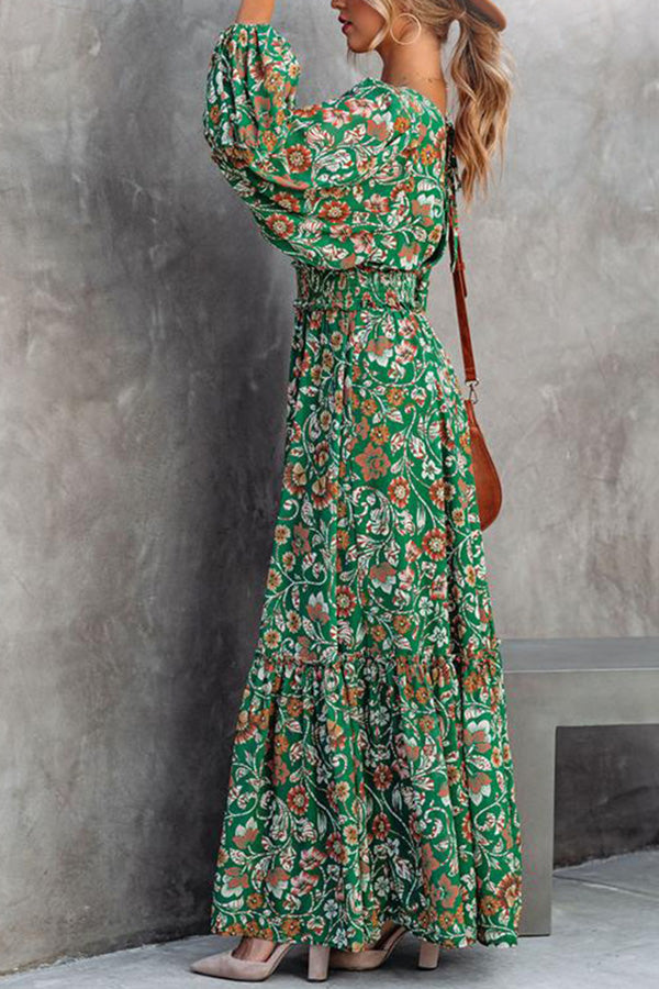 Fashion printed lantern long-sleeved V-neck backless stitching dress