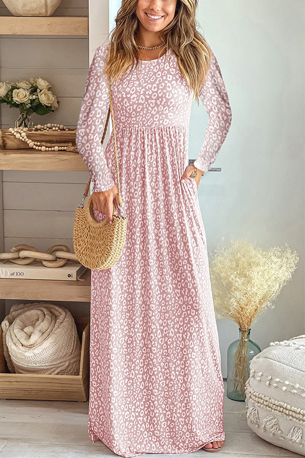 Robe longue taille empire à manches longues et imprimé léopard 