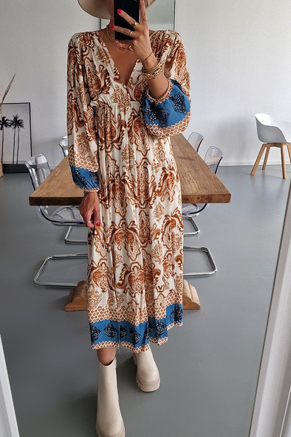 Fashion Print V Neck Casual Panel Dress