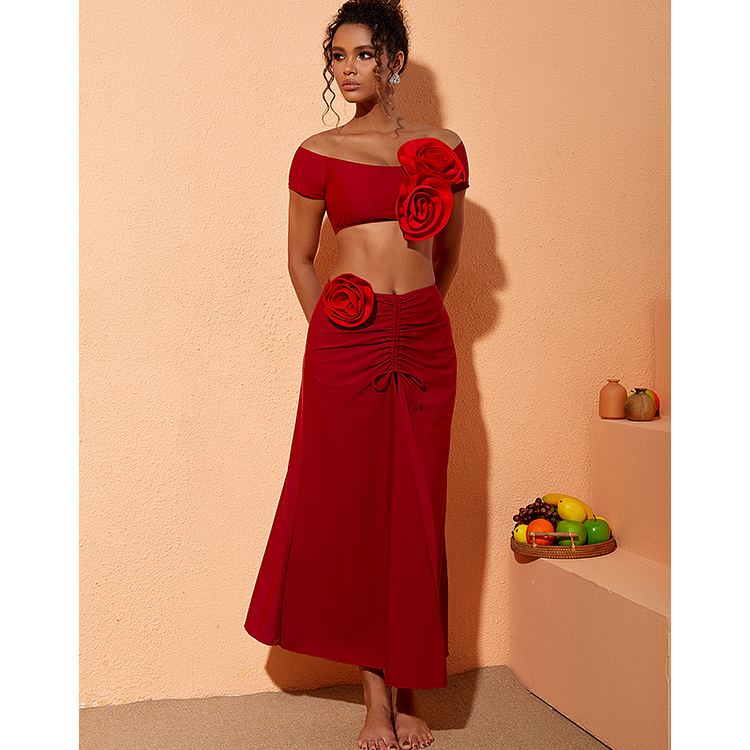 Maillot de bain et jupe bikini à décor floral 3D 