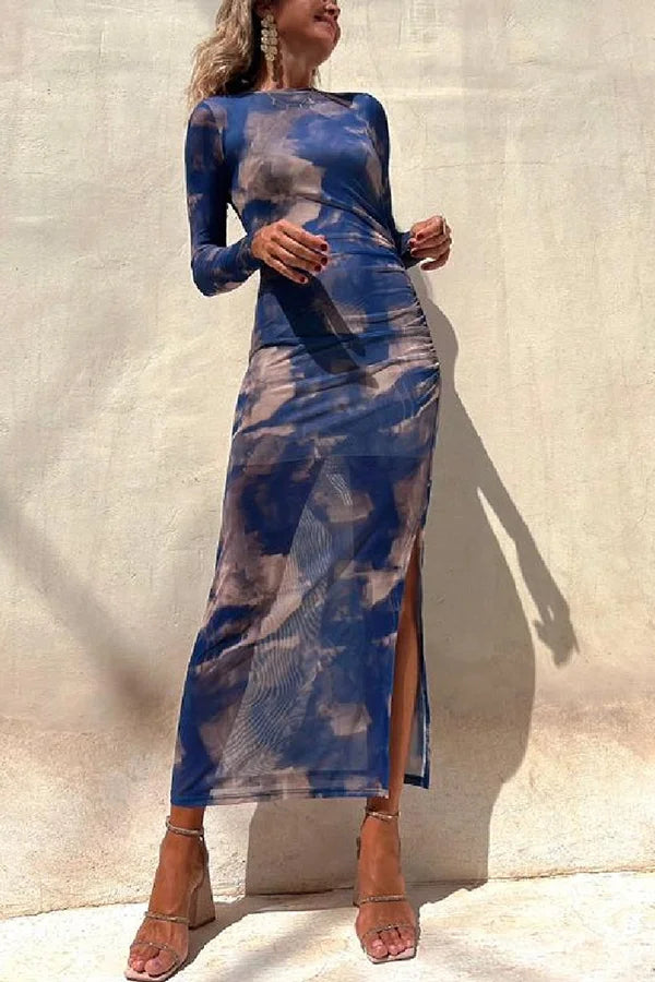 Charm Lady Mesh-Overlay Tie-Dye-Print Langärmliges, gerüschtes Stretch-Midikleid 