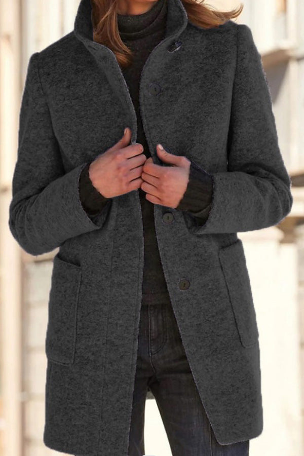 Retro Solid Color Button Stand Collar Wool Jacket