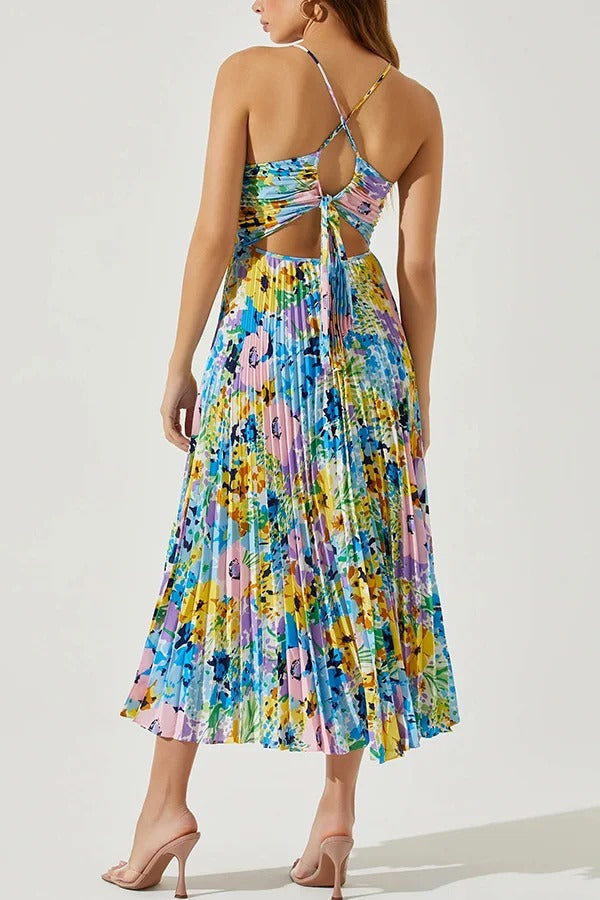 Robe mi-longue plissée à imprimé floral et à nouer dans le dos pour la saison des fêtes de mariage