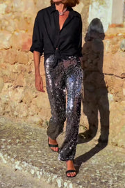 Pursue Shine Sequin High Rise Elastic Waist Flare Pants