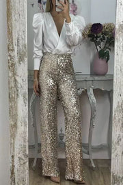 Glitzy Glamour Sequin High Rise Elastic Waist Wide Leg Pants