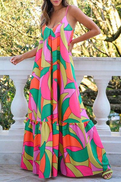 Multicolor Geometric Colorblock V Neck Tiered Maxi Dress