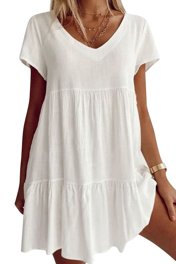 Cotton-Blend V Neck Casual Short Sleeve Weaving Dress