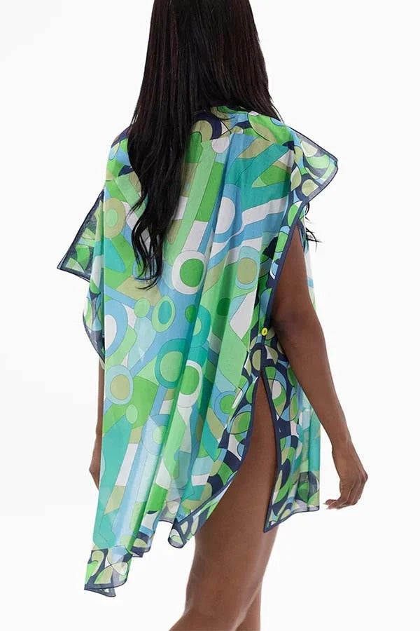 Colorful Circle Unique Print One Shoulder Button Detail Loose Cover-up Mini Dress
