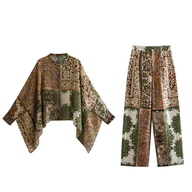 Patchwork Cape Shirt Print Pants Set