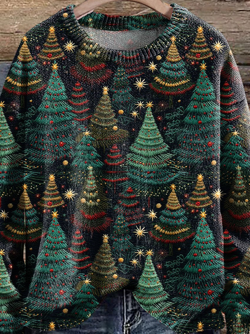 Vintage Christmas Tree Christmas Night Print Knit Pullover Sweater