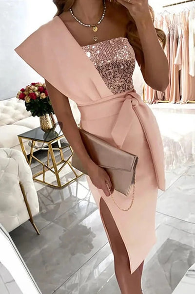 Gorgeous Day Sequins Patch One Shoulder Midi Dress