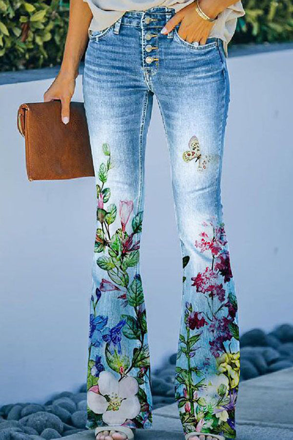 On A Drive Printed Faux Denim High Rise Flare Pants