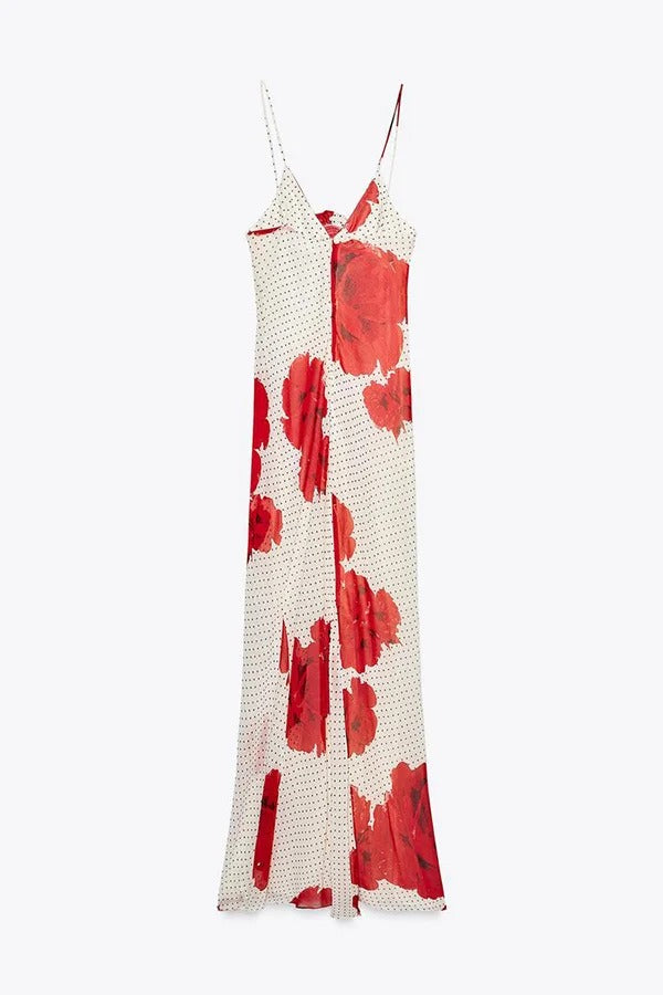 Robe longue Vanna à imprimé floral 3D et pois