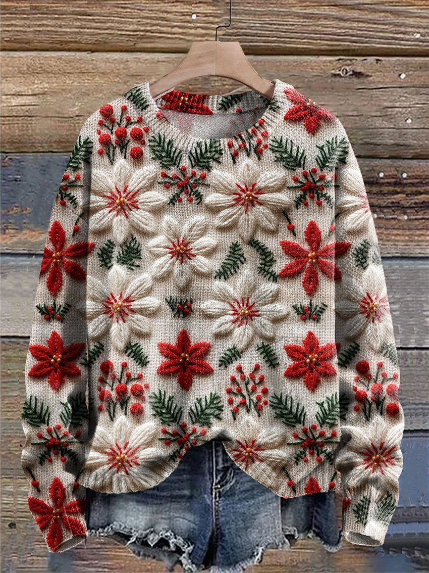 Poinsettia Christmas Flower Christmas Ugly Sweater Christmas Print Knit Pullover Sweater