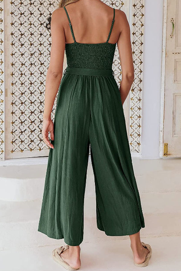 Sleeveless Spaghetti Strap V-Neck Gathered Wide-Leg Jumpsuit