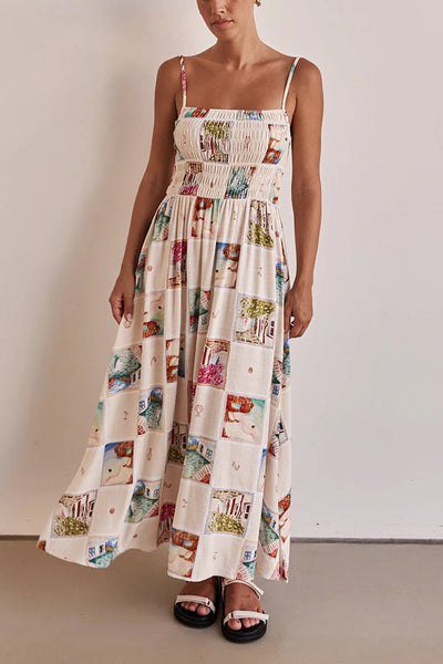 Unique Print Elastic Pleated Long Dress with Straps and Backless