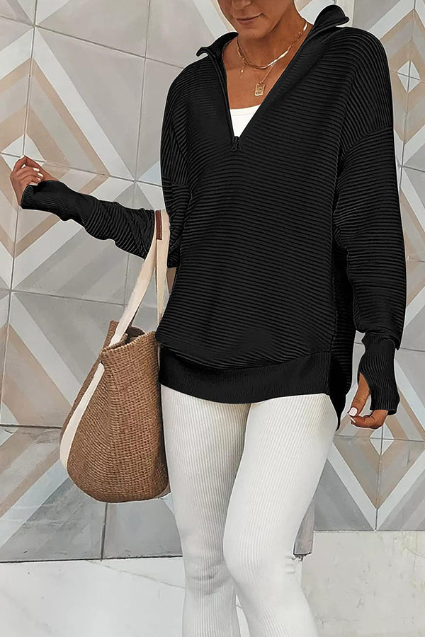 Half-Zip V-Neck Relaxed Rib-Knit Sweater