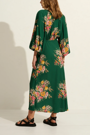 Dark Green Printed V-Neck Drawstring Midi Dress