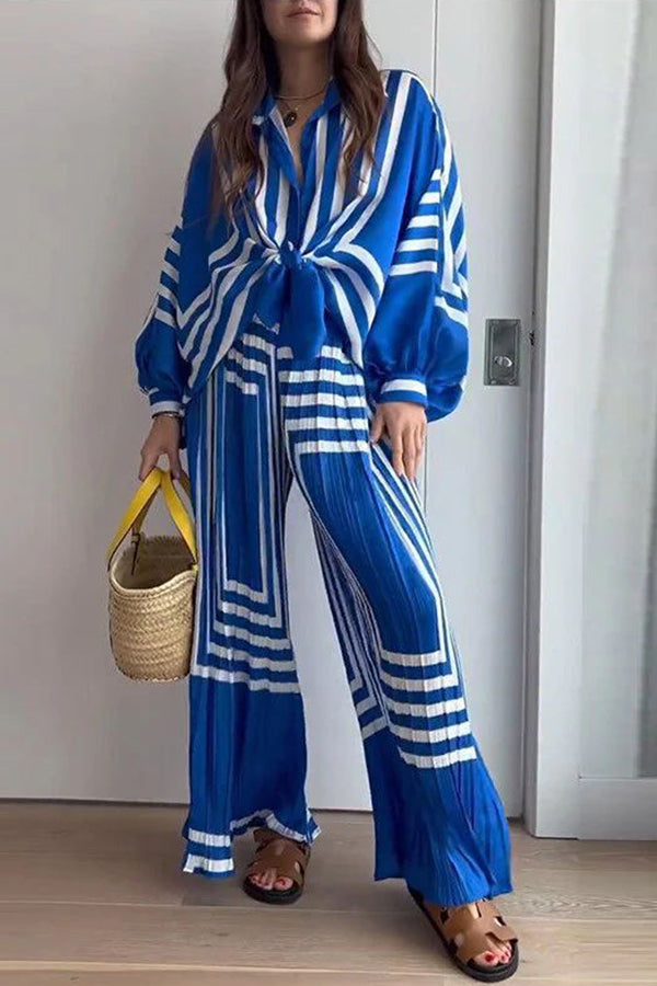 Vacation Chic Attitude Geometric Print Oversized Shirt and Elasticated Wide Leg Pants